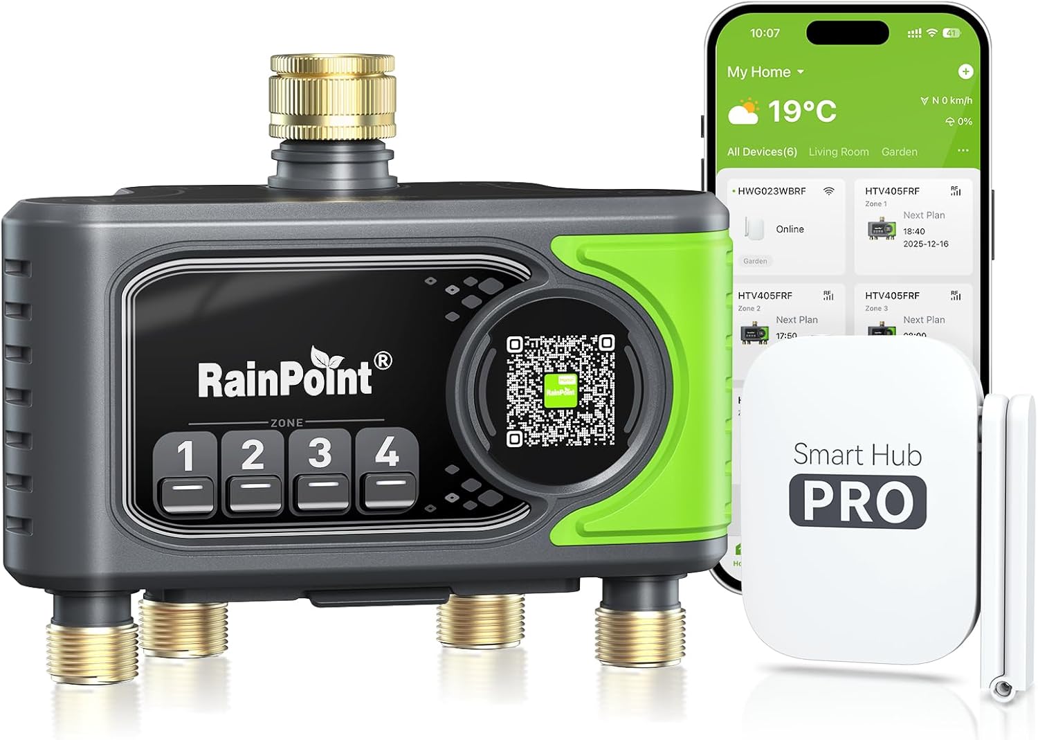 RAINPOINT Bewässerungscomputer WLAN mit 4 Ausgängen, Messing Ein- und Ausgang, Bewässerungsuhr 4 Zonen mit wetter- & bodenbasierter Steuerung