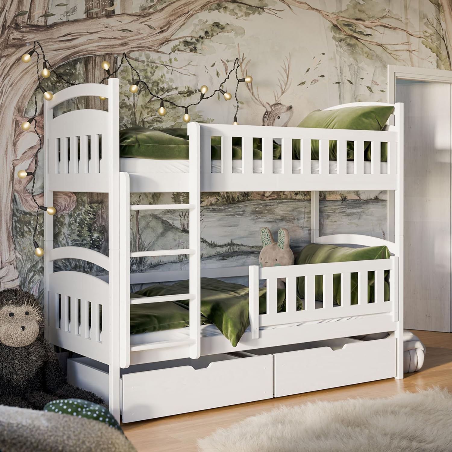 Kids Collective Hochbett 90 × 200 cm Etagenbett mit Zwei Schubladen, Funktionsbett Kinderbett weiß 90 × 200 cm von 4. bis 18. Lebensjahr, Lattenrost