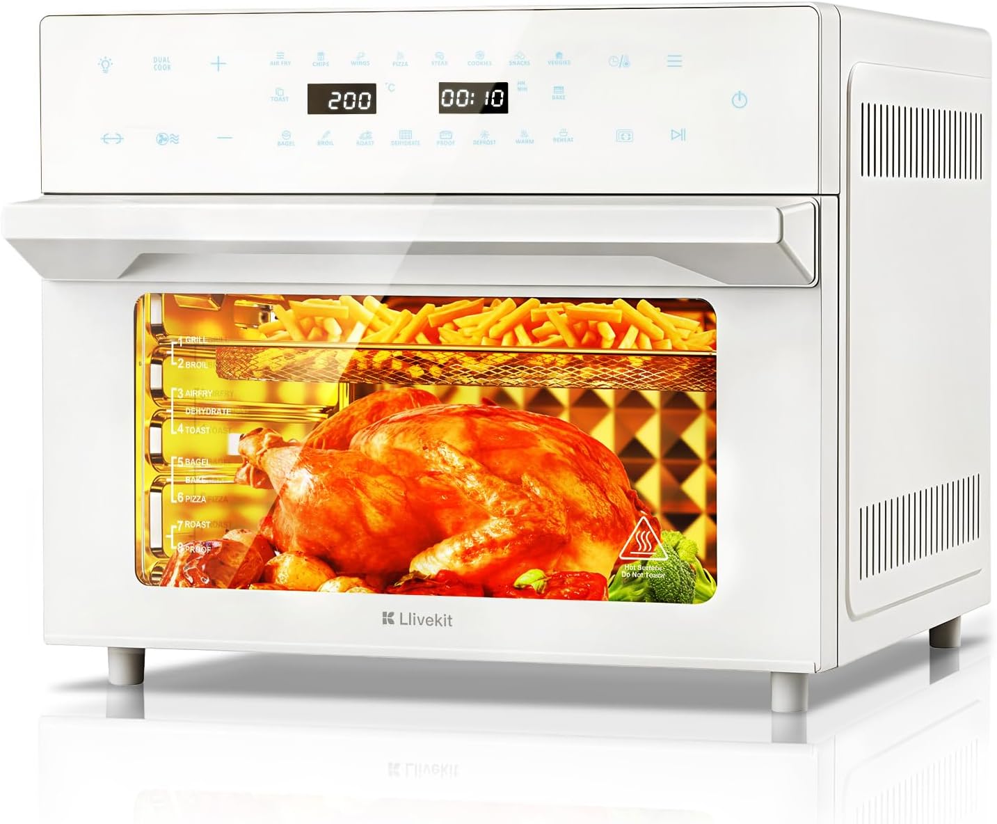 LLIVEKIT 30 l Heißluftfritteuse XXL, 80 °C-230 °C, Airfryer Oven ohne Öl mit Sichtfenster, Minibackofen Umluft mit 20 Programme und 9 Zubehör