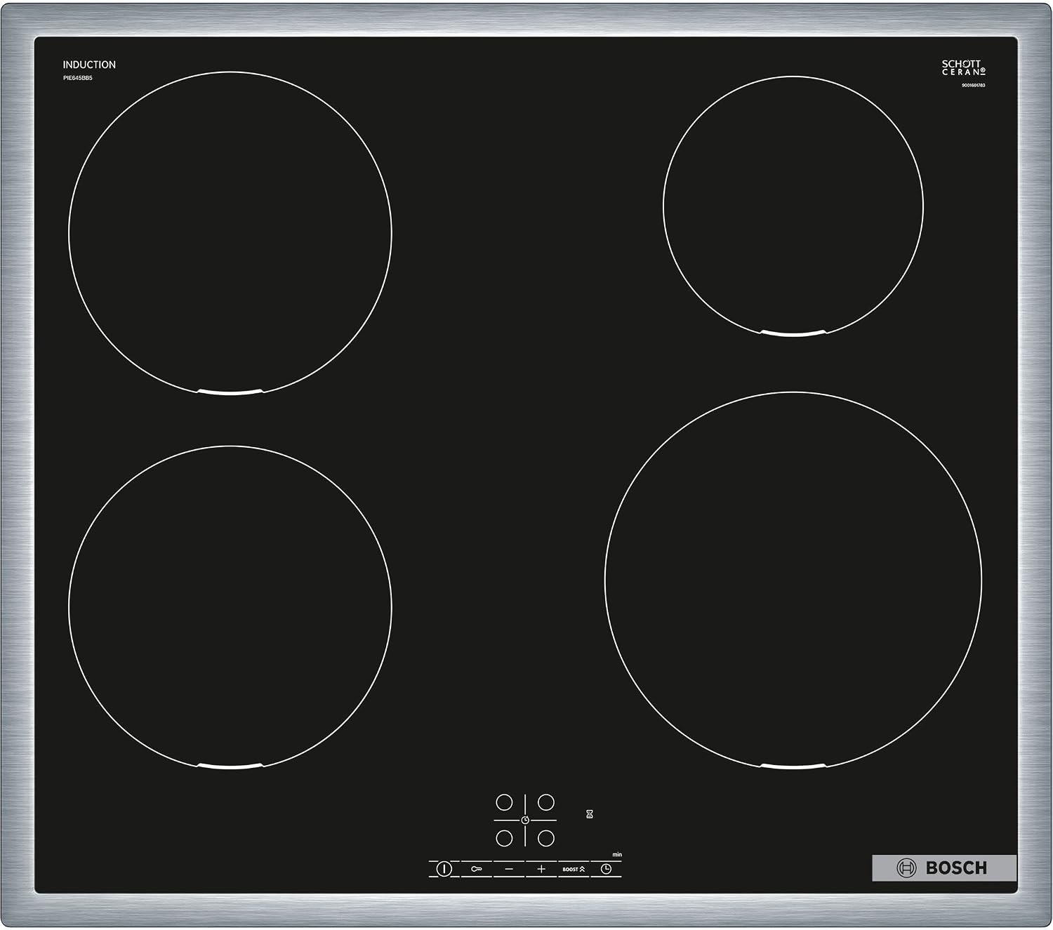 BOSCH PIE645BB5E Induktionskochfeld Serie 4, Autarkes Glaskeramik-Kochfeld 60 cm breit, Schwarz, TouchSelect, PowerBoost, ReStart, Umlaufender Rahmen