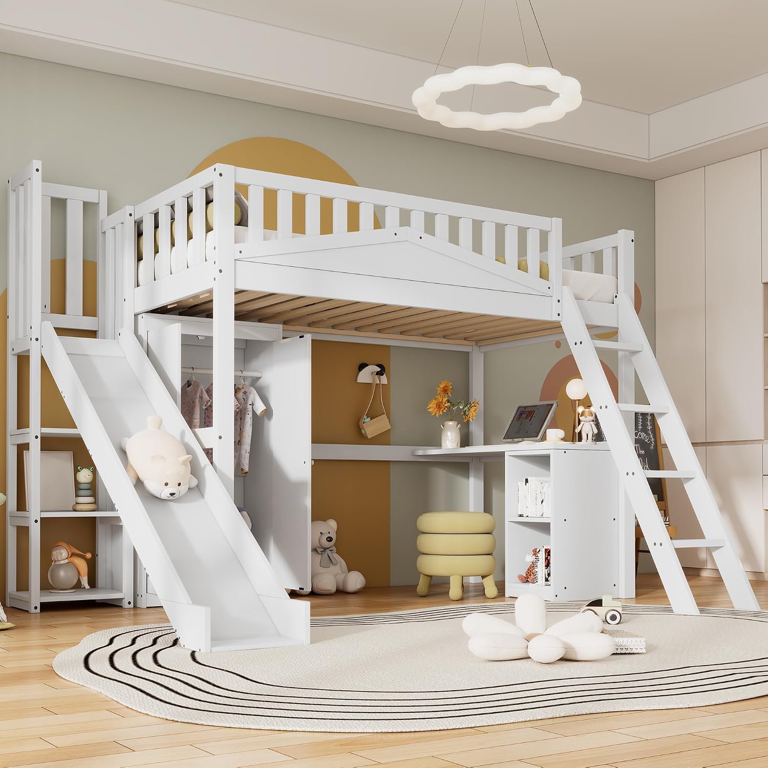 Huayz Bett Kinder Etagenbett 90 × 200 , Hochbett Hausbett mit Rutsche, Kleiderschrank, Schreibtisch, Ohne Matratze, Leiter, Regale, Kiefer