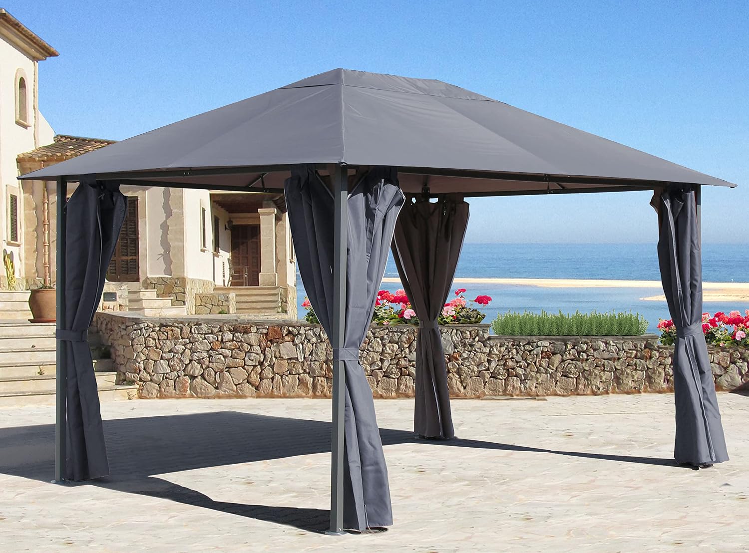 QUICK STAR Metall Garten Pavillon Nizza 3 × 4 m Grau mit 4 Seitenteilen Partyzelt