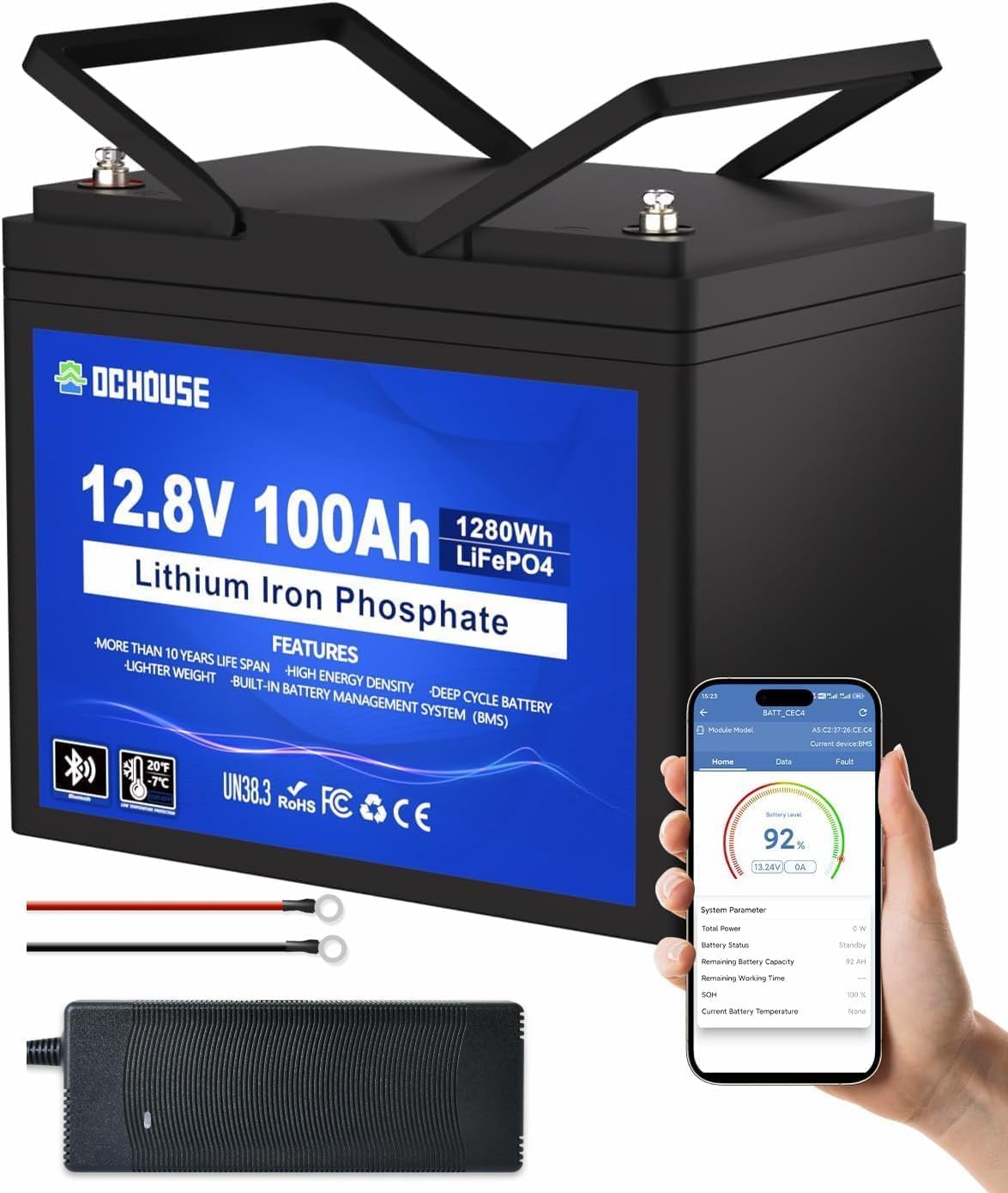 DCHOUSE 12 V 100 AH LiFePO4 Bluetooth Lithium Batterie, 1280 Wh Autobatterie für Trolling-Motor, Mit 10A Batterie Ladegeräte, Wohnmobil