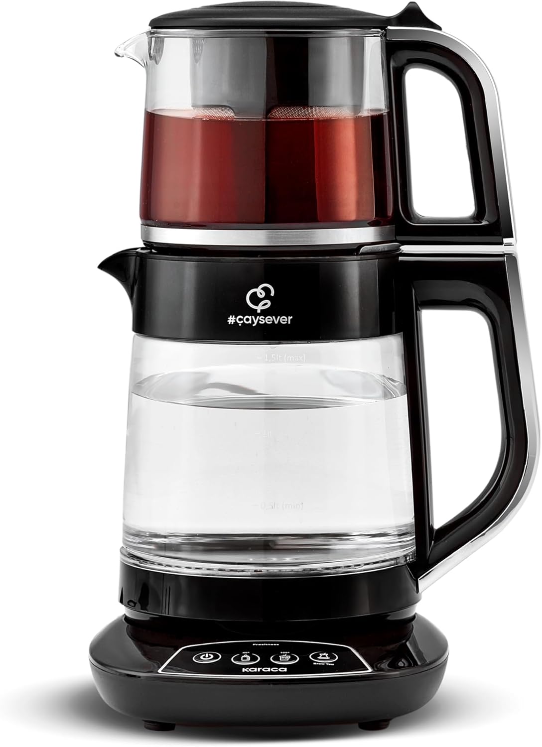 Karaca Caysever Maschine, Chrome 1700 W, Stahl, BPA-frei, 0,8 Lt Fassungsvermögen Glas-Teekanne, 1,5 Lt Fassungsvermögen Wassertank, Wasserzubereitung