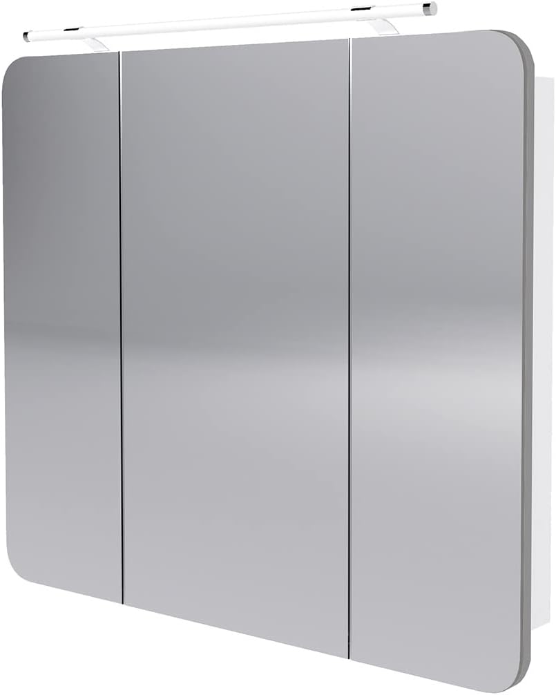 BadeDu NES LED-Spiegelschrank 90 cm in Weiß, 3 Türen, 6 Glaseinlegeböden, Drehbare LED-Aufsatzleuchte, AST Eiche Holzoptik, Made in Germany