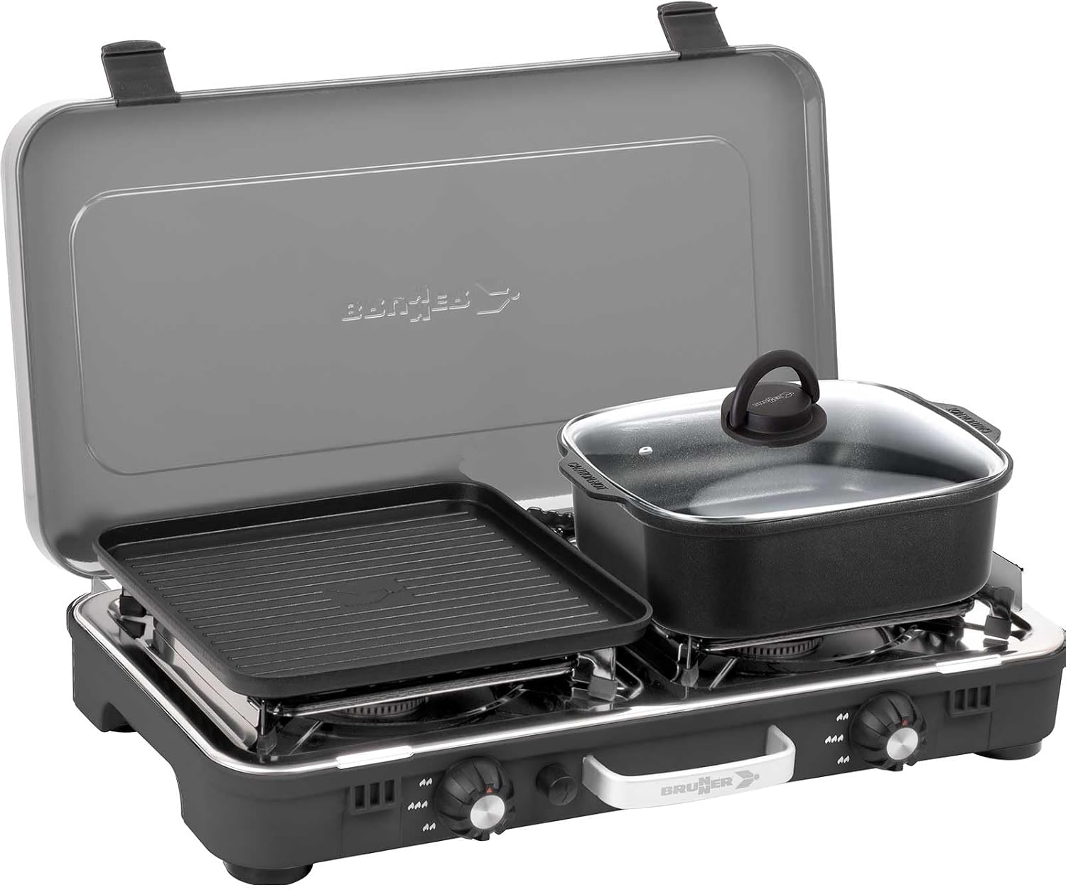BRUNNER: 2-in-1 Tisch Camping-Kocher 2-flammig Edelstahl Gasgrill & Gaskocher