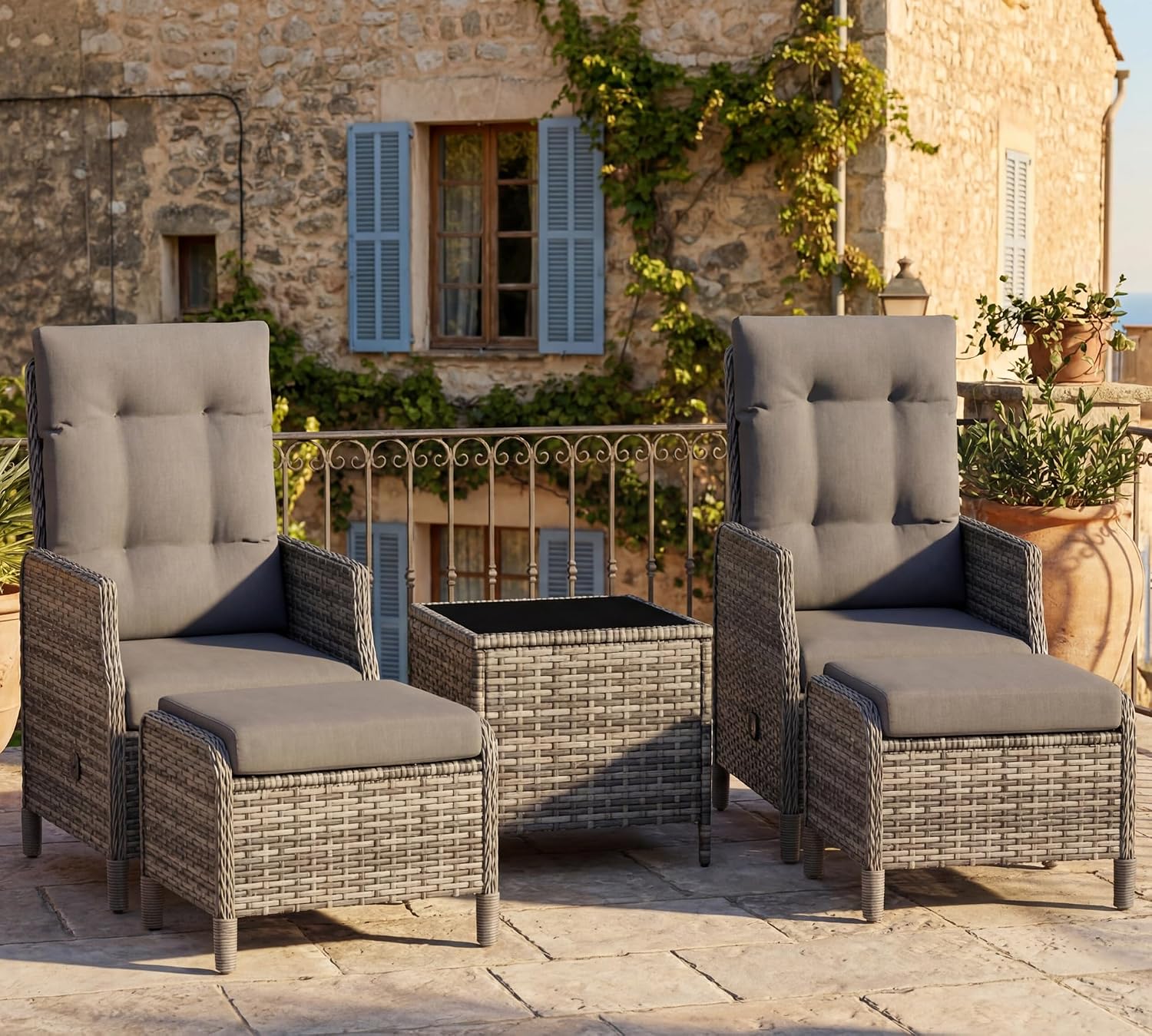 UDPATIO Rattan Gartenmöbel Set 5-teilig mit Verstellbaren Sessel, Lounge Möbel Outdoor Set, Fußhocker und Couchtisch, Balkonmöbel Kleiner Balkon