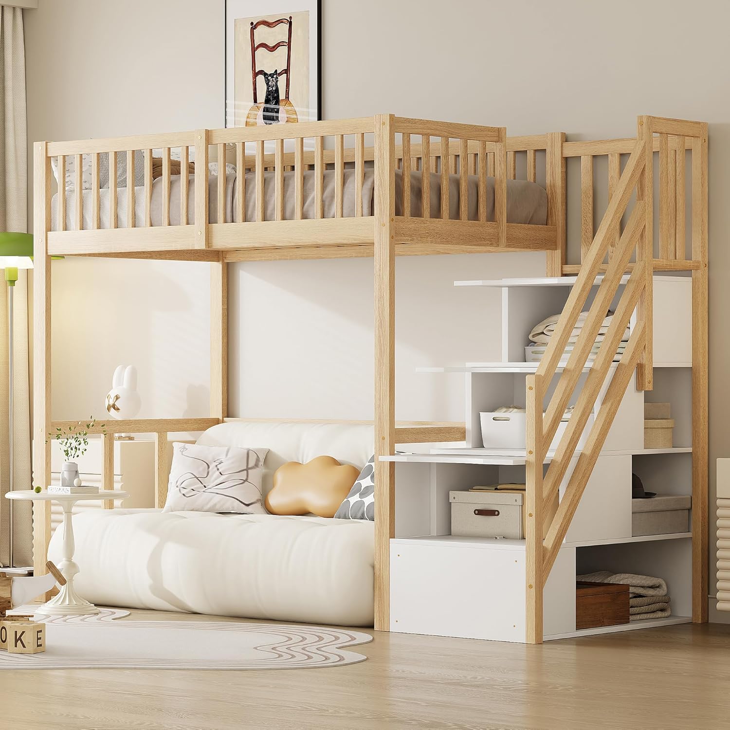 Kebnor 90 200 cm Hochbett mit Sicherheits-Aufbewahrungsleiter, Bettgestell aus massivem Kiefernholz für Kinder und Jugendliche, Holzfarbe+Weiß