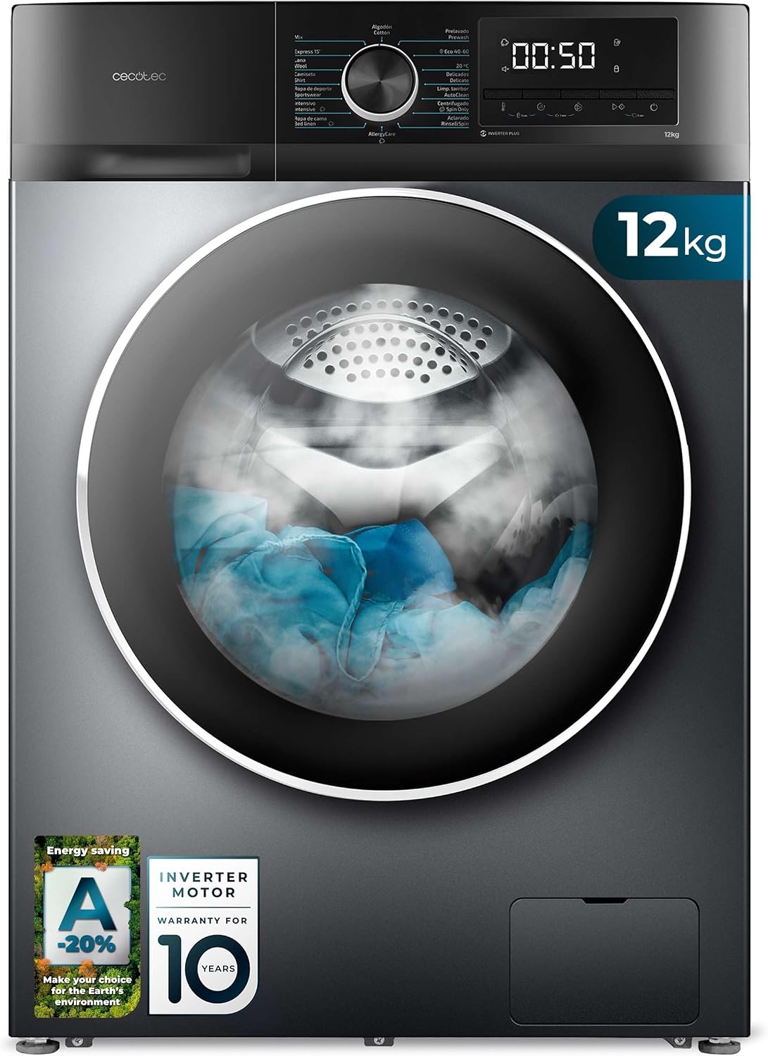 Cecotec Waschmaschine 12 kg Frontlader Bolero DressCode 12500 Inverter Steel A, 1400 U/min, Inverter Plus Motor, 16 Progr, SteamMax, Pearl Drum
