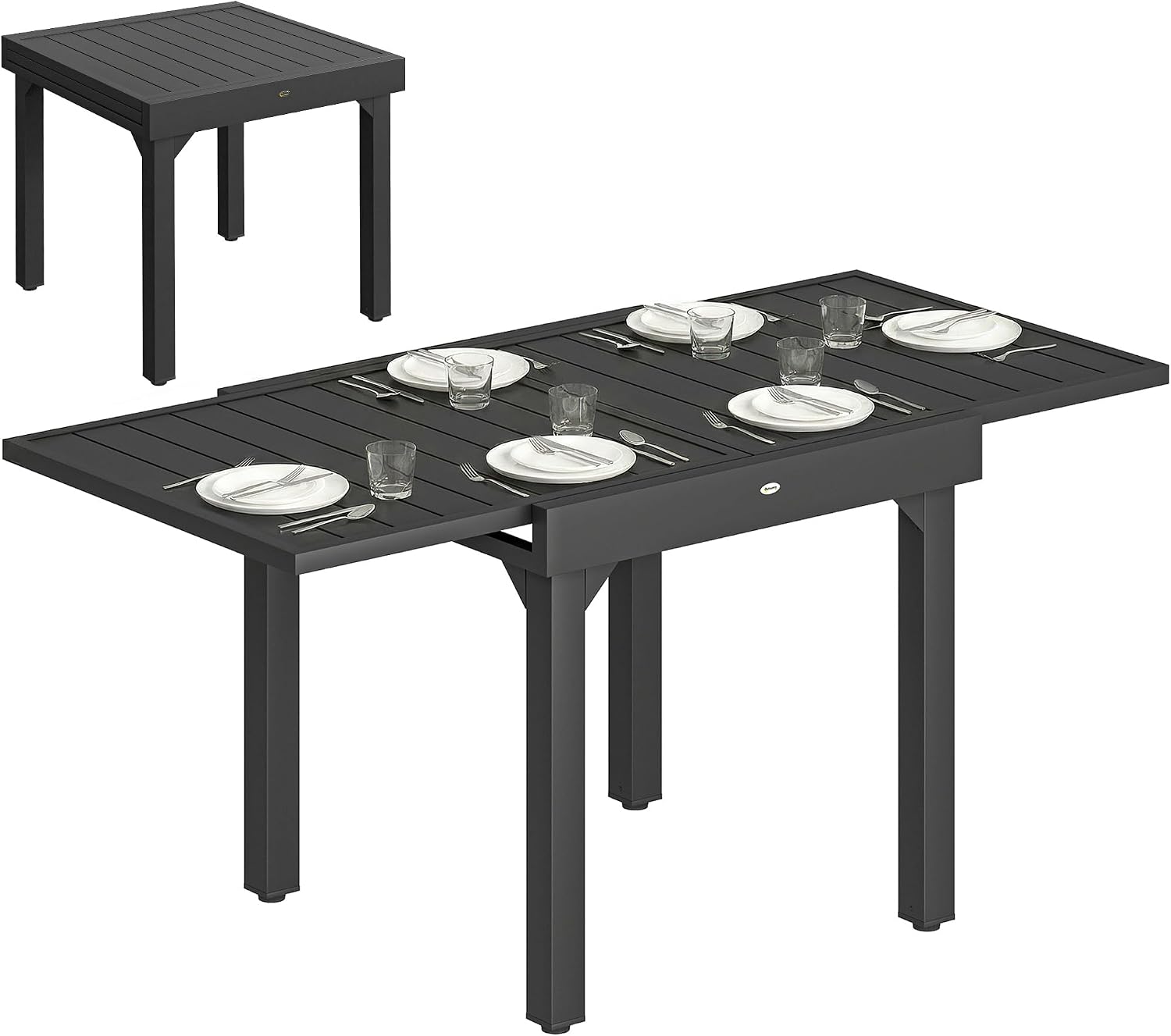Outsunny Gartentisch Ausziehbarer 80/160 × 80 cm Aluminium Esstisch für 4-6 Personen, Terrasse Balkon Schwarz, Wetterfest Terrassentisch für Garten