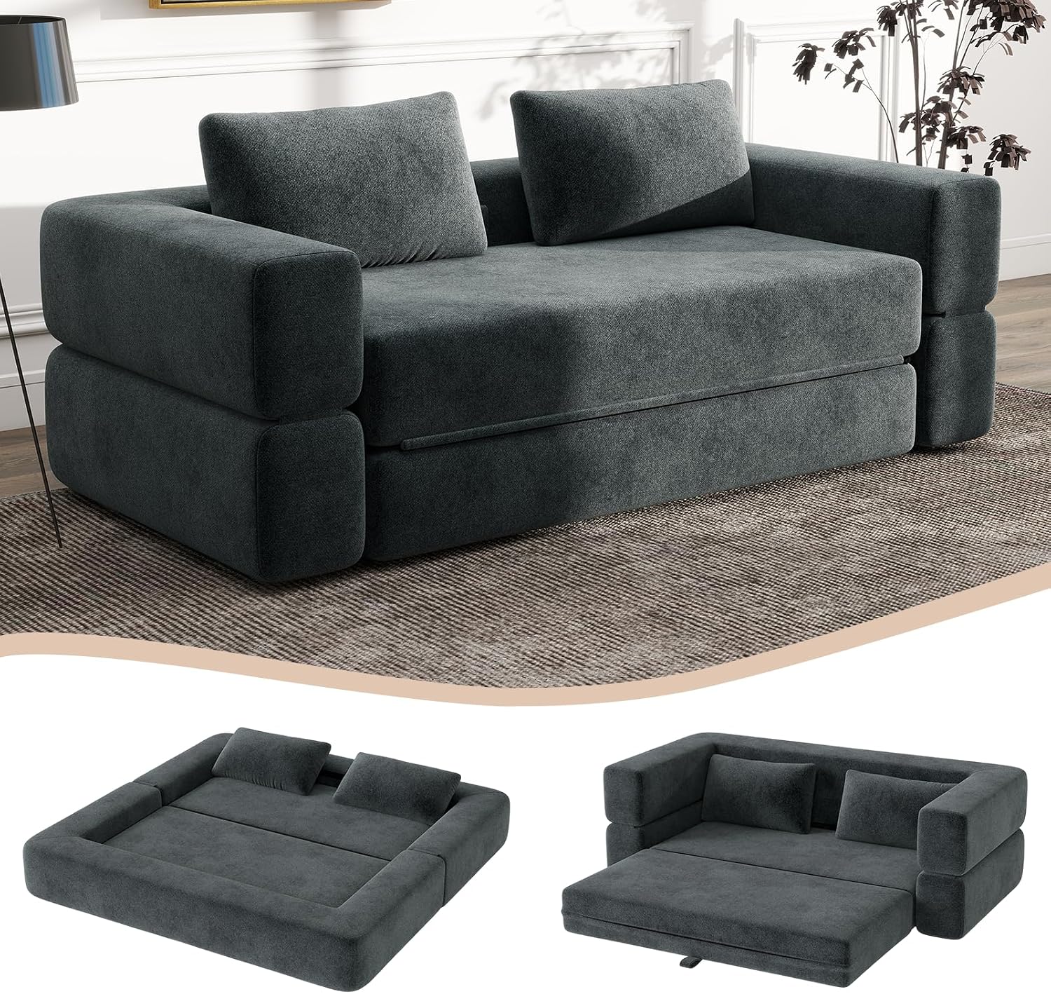 HAUSPROFI 3 in 1 Boneless Couch, Bodensofa Bed, Klappbares Sofa mit Schlaffunktion 2 Sitzer Chenille Schlafsesse für Schlafzimmer, Dunkelgrau