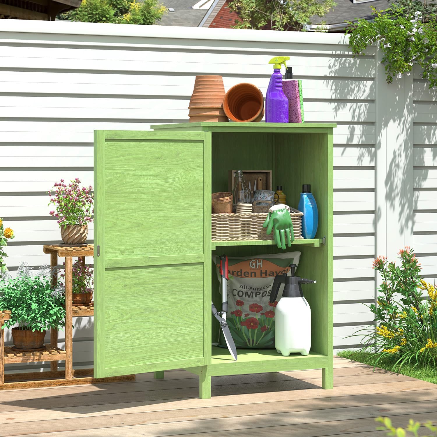 Aoxun Garten-Geräteschrank aus Holz, Kleiner Holz-Gartenschuppen 55 × 54 × 100 cm, Grün, Gartenschrank für draußen mit verstellbaren Regalboden
