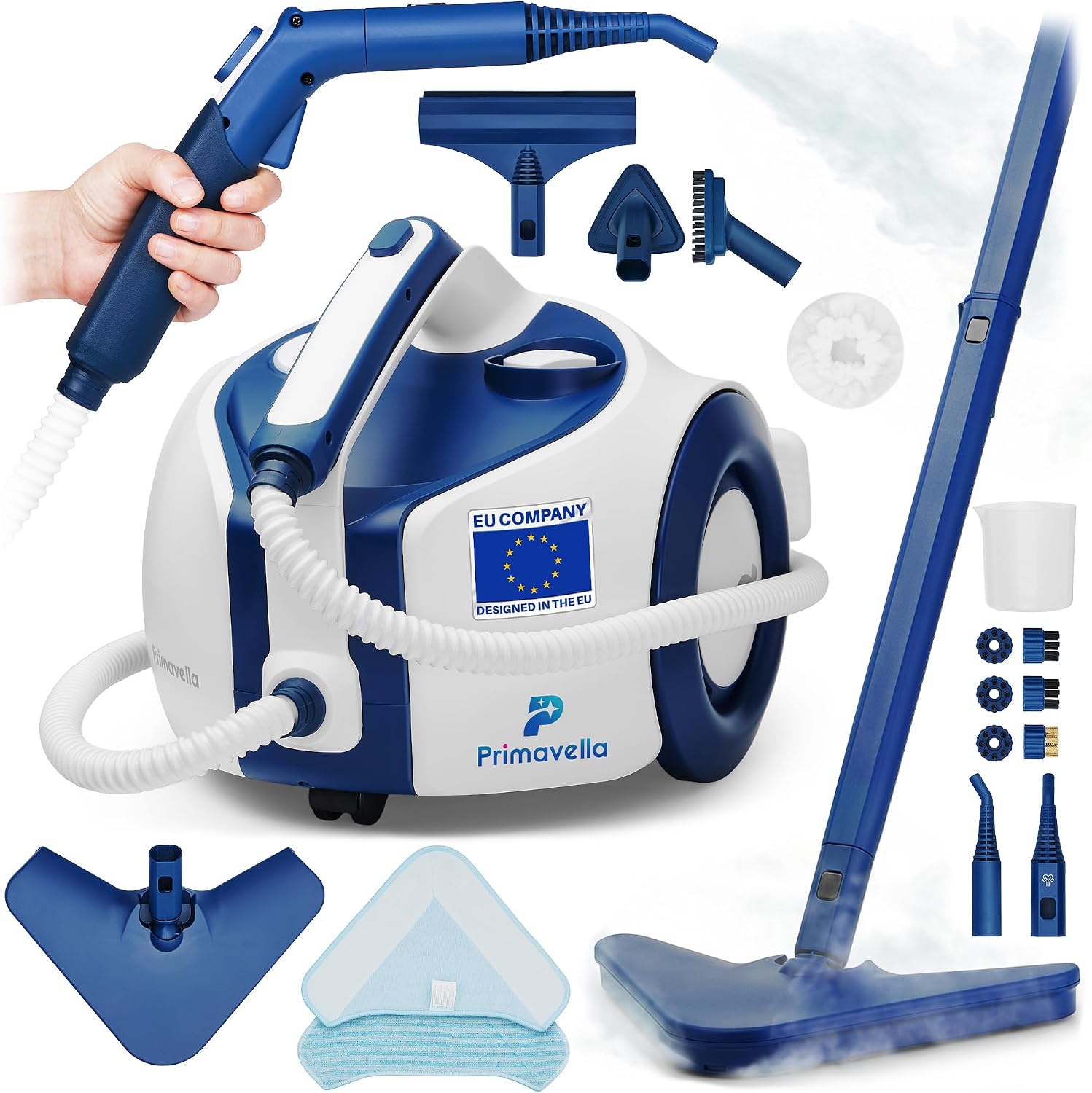 Primavella, 1800 Watt, 3,5 Bar Druck, 1,5 Liter Tank, 16 Zubehörteile zur Reinigung von Badezimmer, Polstermöbeln, Sofa, Auto