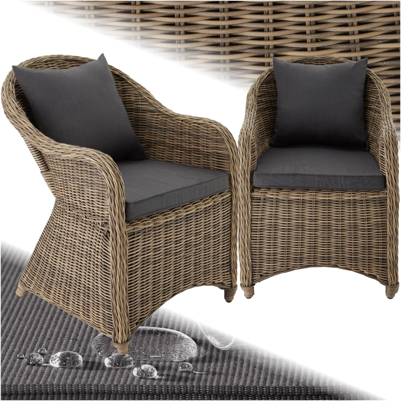Tectake Alu Polyrattan Gartenstuhl 2er Set, Gartenmöbel Set mit 2 Sessel, Wetterfest, Rattan Gartensessel mit weichen Sitzpolster, Natur