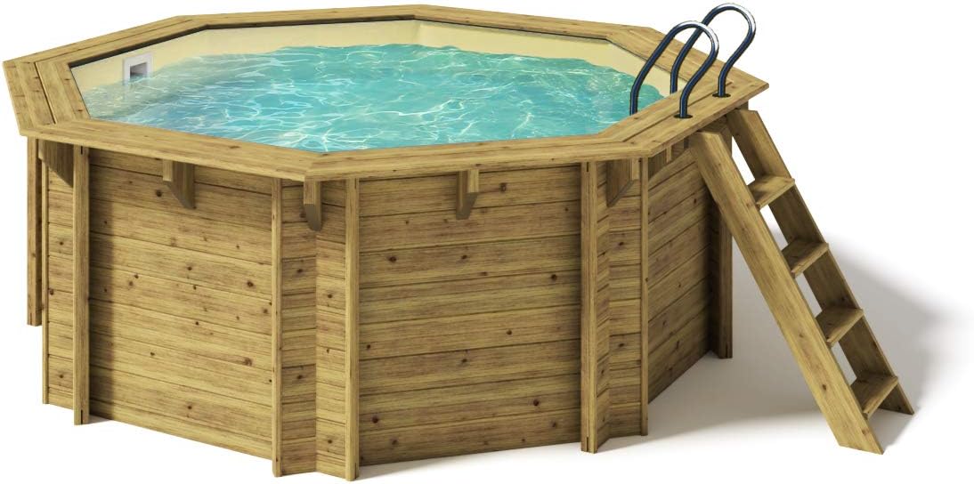 Paradies Pool Holzpool Kalea Komplettset inkl. Filteranlage, Folie Sand mit 0,8 mm Stärke, Pumpenhaus, Edelstahlleiter Tiefbecken, Achteck-Pool, Ø x H