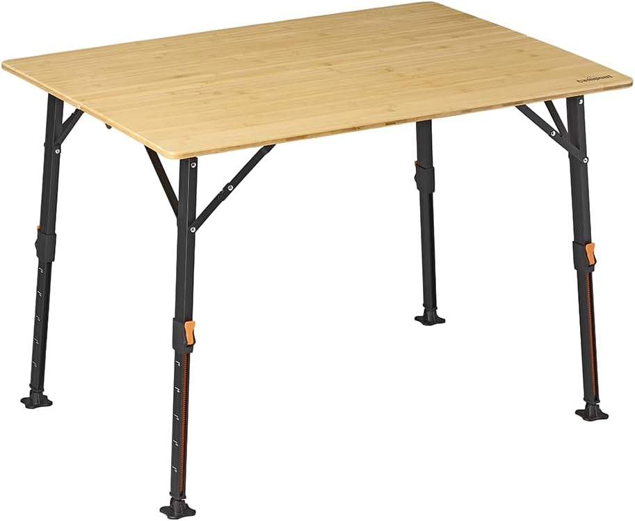 Campout Campingtisch 100 × 72 × 70 cm, Inkl. Tragetasche, Klappbarer Gartentisch, Klapptisch, 3-Fach Höhenverstellbar, Griff inklusive, Bambus