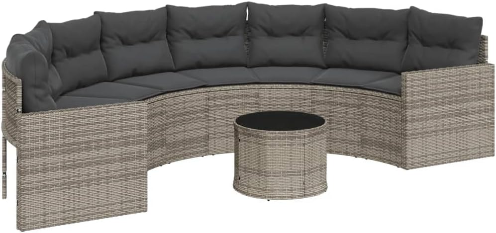 VidaXL Gartensofa mit Tisch und Kissen Halbrund Grau Poly Rattan, Lounge Set, Terrassensofa, Loungesofa, Loungemöbel, Outdoor Sofa, Halbrundes Sofa
