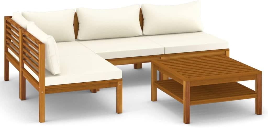 vidaXL Sofa Akazienholz Massiv Gartenmöbel 5-TLG. , wetterbeständig, Eck, Creme/Braun