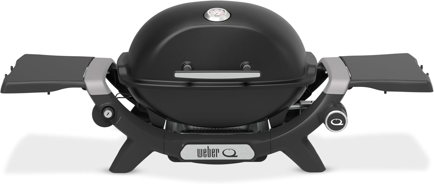 Weber Q 1200N Gasgrill mit Seitentischen, Porzellanemaillierte Grillroste aus Gusseisen, 1290 cm2 Grillfläche, Midnight Black