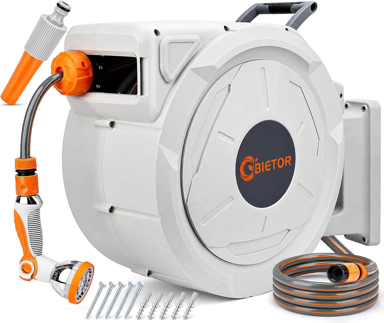 Bietor Schlauchtrommel Wasser 45m + 2m Tisch, 180° Schwenkbar Wand-Schlauchbox, für Gießen Autowaschen, Grau/Orange