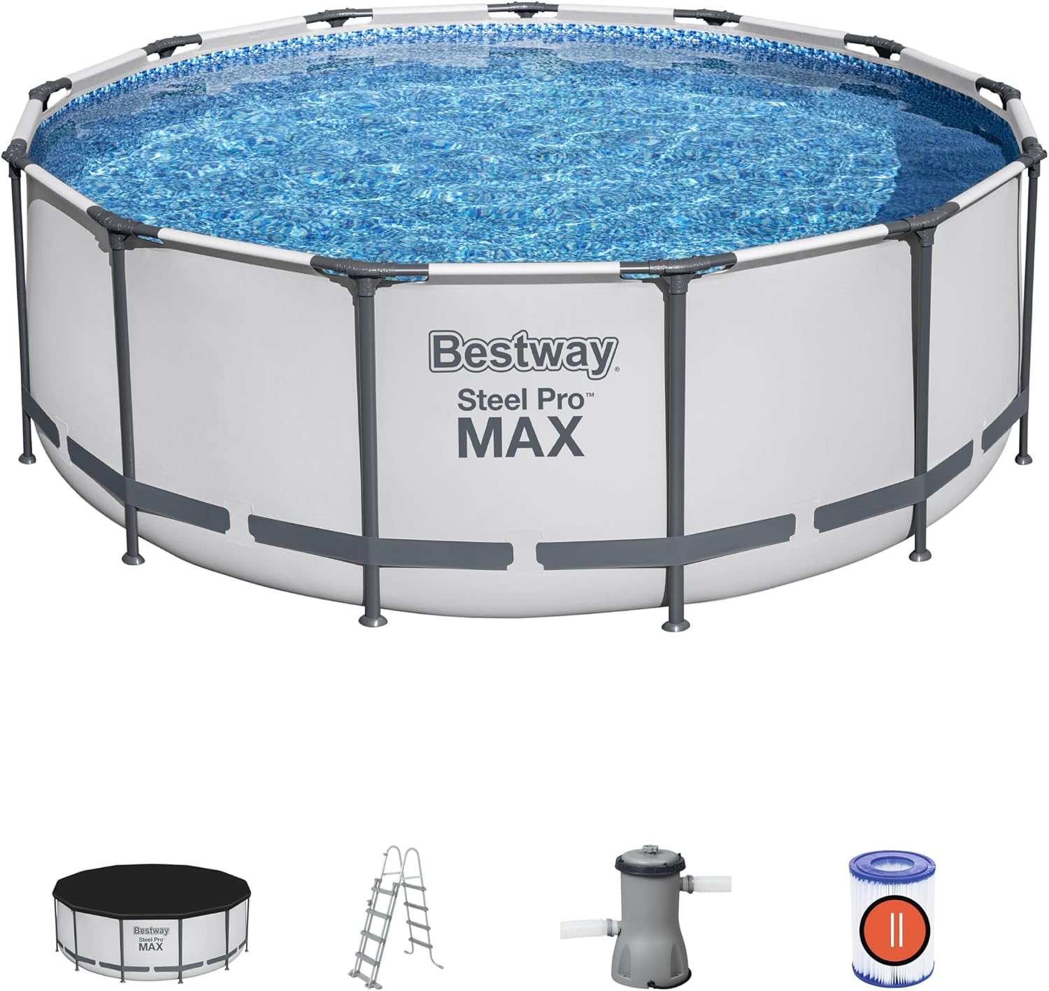 Bestway MaxTM Außenpool Stahlrahmenpool, 396 × 122 cm, FrameLinkTM-System, Pumpe und Filterkartusche, Leiter, Plane, Weiß/Blau