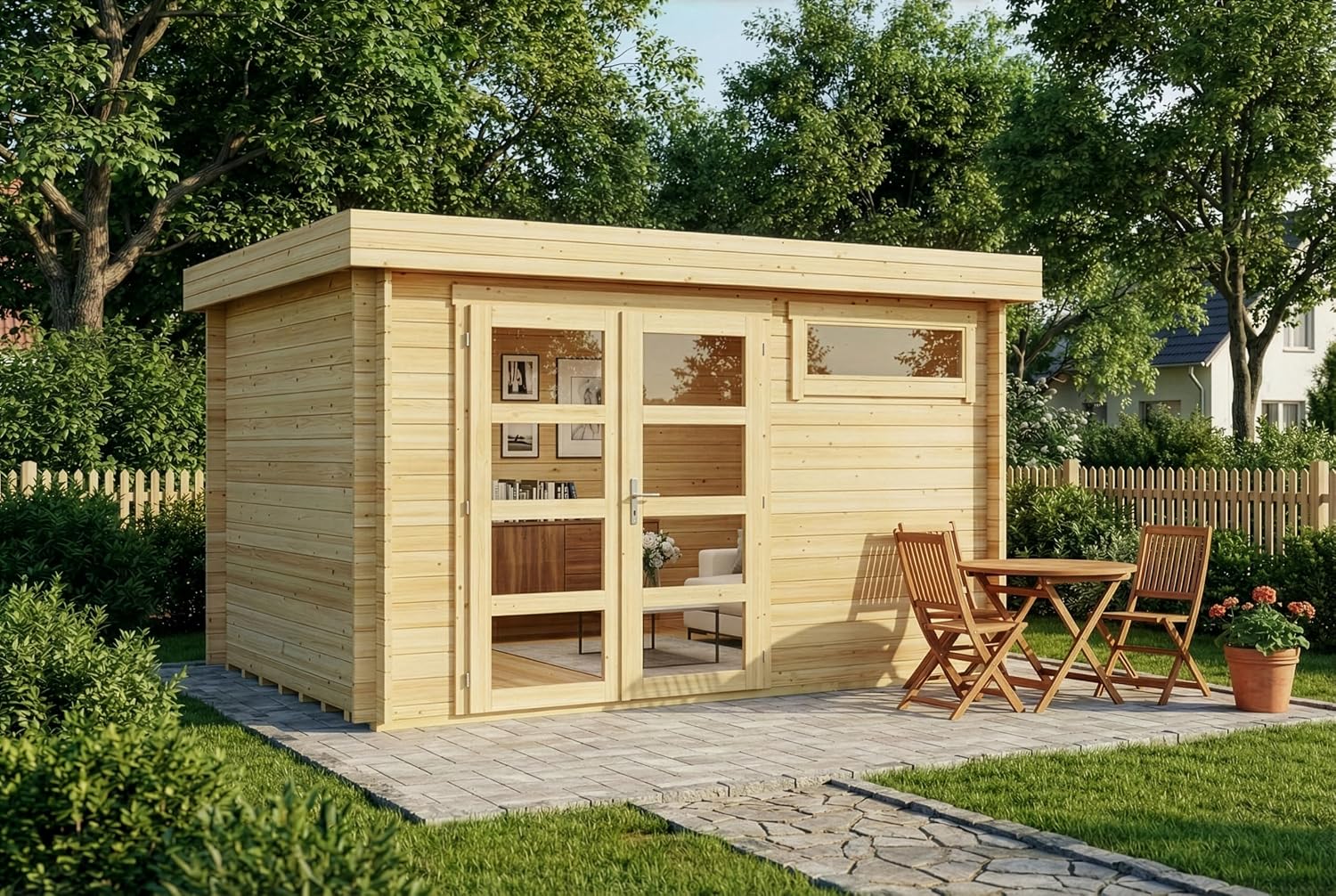Alpholz Gartenhaus Leandro Fußboden Gerätehaus, Gerätehaus 394 × 268 cm mit 28 mm Wandstärke in Naturbelassen, Naturholz, Stauraum