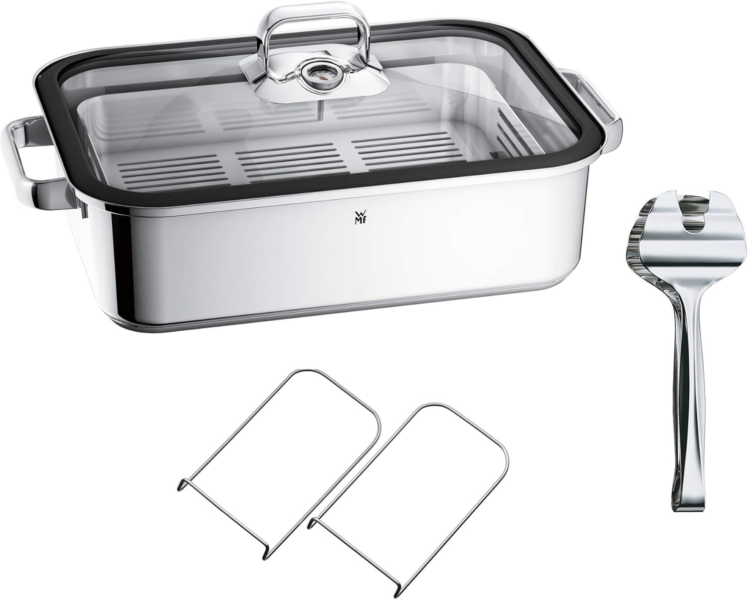 WMF Vitalis Aroma Dampfgarer, 41 × 27 × 10 cm, Auflaufform 6,5 l, Bräter Induktion, Glasdeckel Silikonrand, Garblech