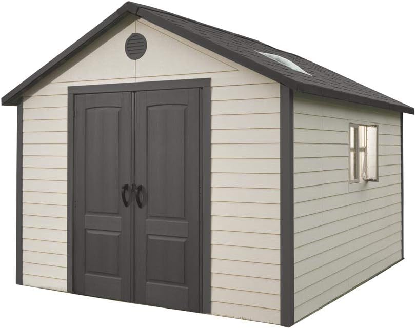 Lifetime Kunststoff Gerätehaus King Size, 337 × 337 cm, Schneelast 195 kg/m2, Mit Bodenplatte & Regalen, Wetterfest & UV-beständig, Doppeltür
