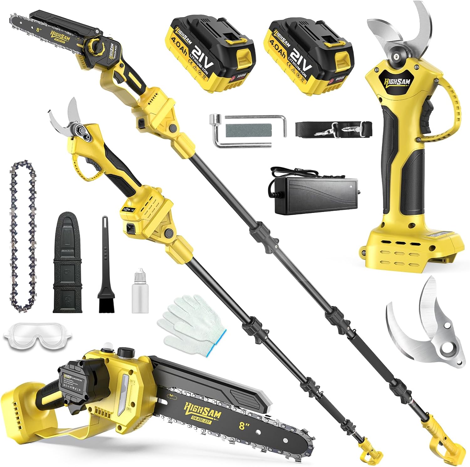 highsam 8 Zoll Mini Kettensäge, 4-in-1 Gartenwerkzeug Mit Bürstenlosem Motor, Teleskopstange Bis 4.2m, 2 × 4.0Ah Akkus, Holzschneiden (yel)