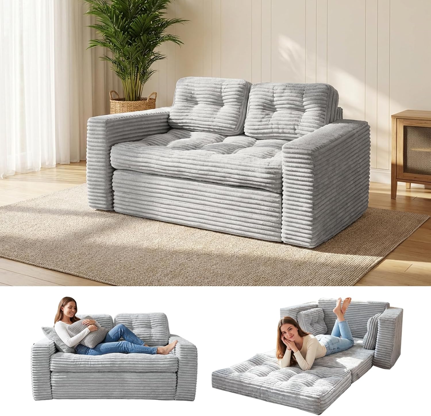 Toemics Sofa Boden Schlafsofa Bed mit Pillow Back Support Armrest 140 , 140 cm, klappbar, für Wohnzimmer, Schlafzimmer und Gästezimmer Grau