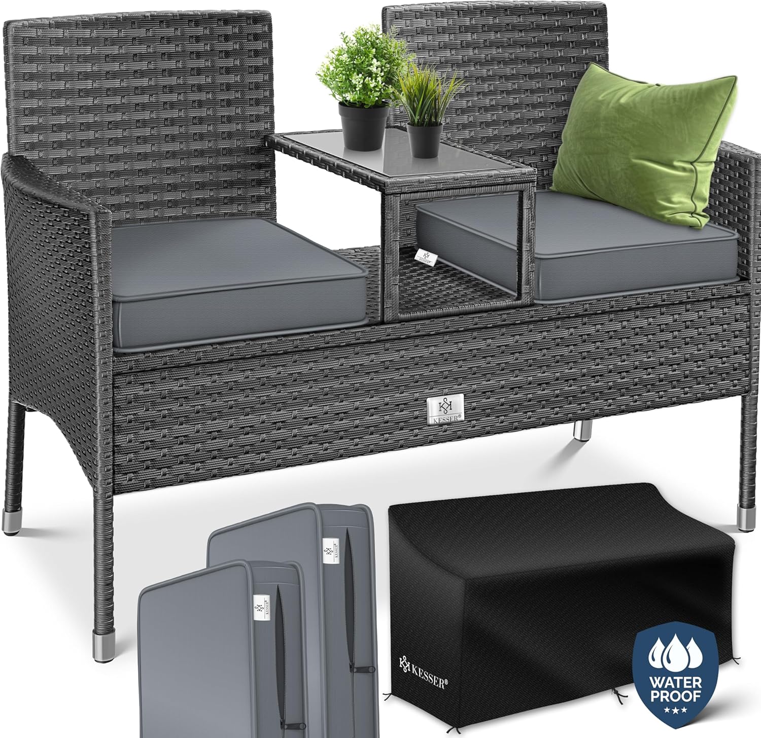 KESSER Polyrattan Gartenbank mit Tisch, 143 × 63 × 88 cm Gartenbank wetterfest, 2 Sitzer, Sitzbank Outdoor, Balkonbank mit Ablage, Anthrazit