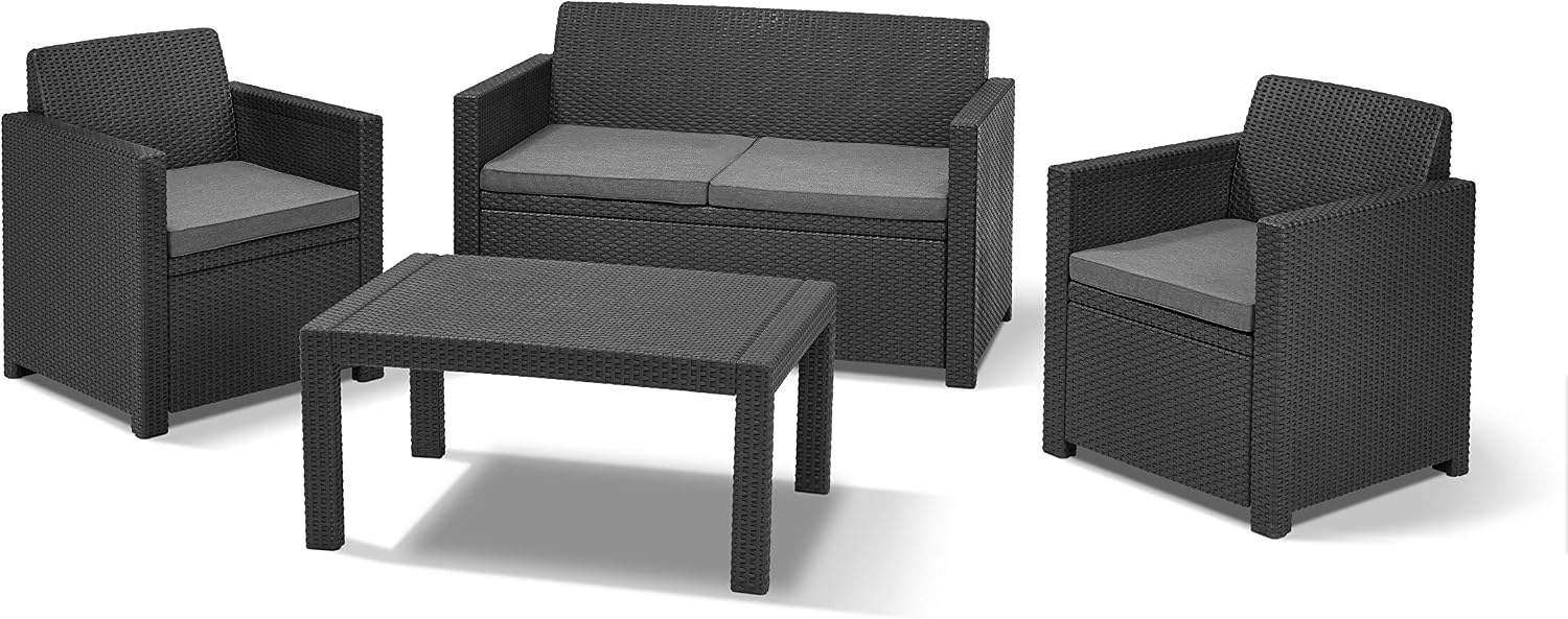Keter Allibert by  Merano Gartenmöbel Set aus Kunststoff, Inkl. Sitzkissen, Grau, 4-teilig, 2 Sessel, Sofa & Tisch, Für Garten & Terrasse