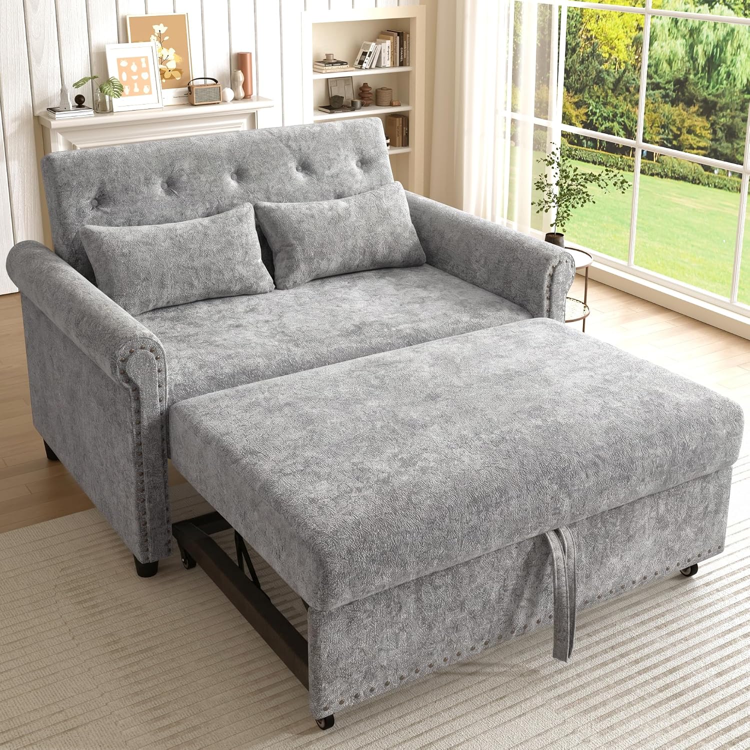 Merax Ausziehbares Schlafsofa 2-Sitzer Sofa mit Schlaffunktion, 170 × 120 cm, Grau, 3-in-1 Schlafcouch mit Verstellbarer Rückenlehne, Chenille-Stoff