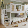 Jovify Bett Kinder 90 × 200 , Etagenbett für 2 Kinder, 90 × 200, Etagen, Hausbett Hochbett mit Treppe&Fenstern&Dach, Ohne Matratze, Weiß+Natur