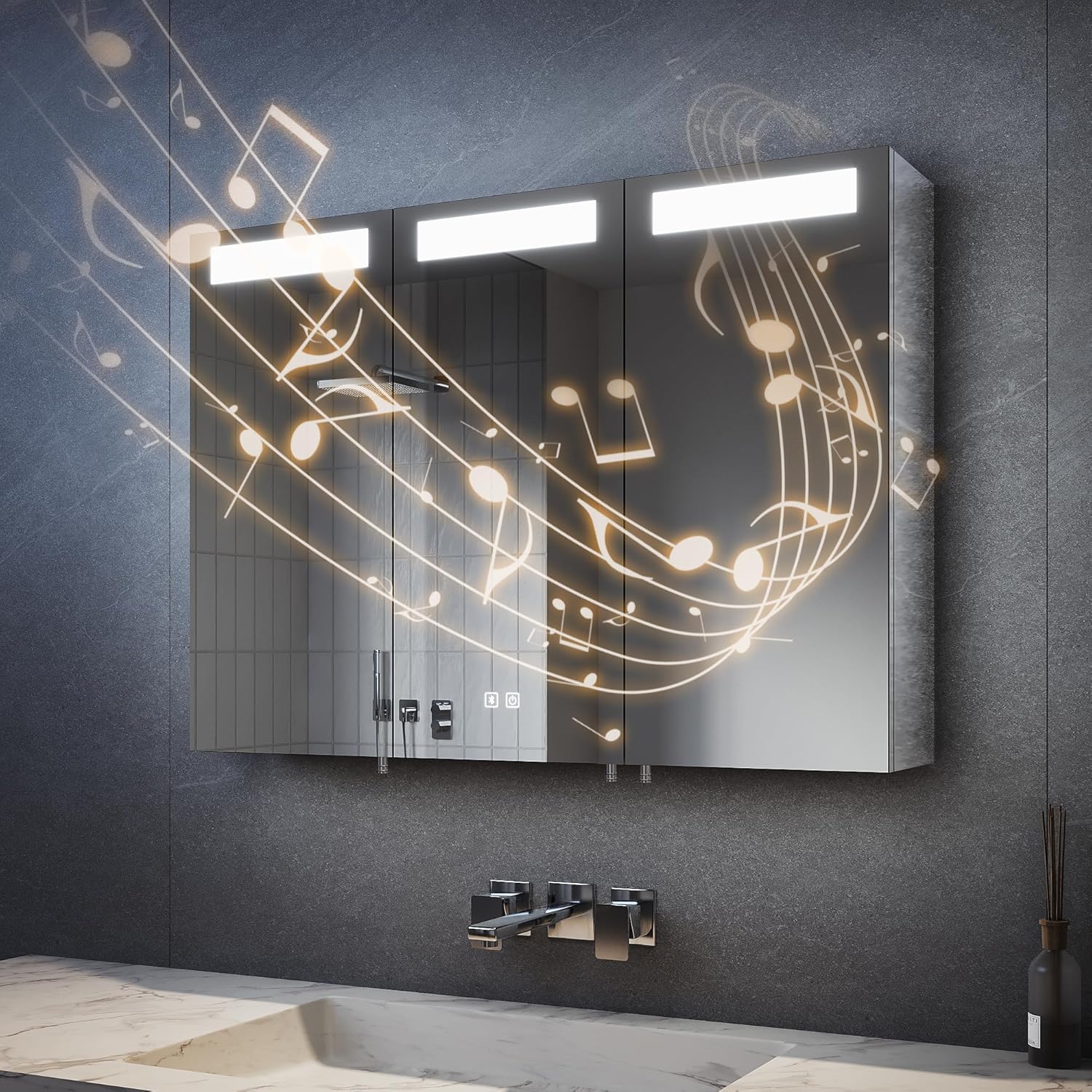 SVNR 90 × 65 cm Spiegelschrank Mit LED-Beleuchtung Fürs Badezimmer, 3-Türiger Badspiegelschrank Beleuchtung Mit Bluetooth, Silber, Touch-Schalter