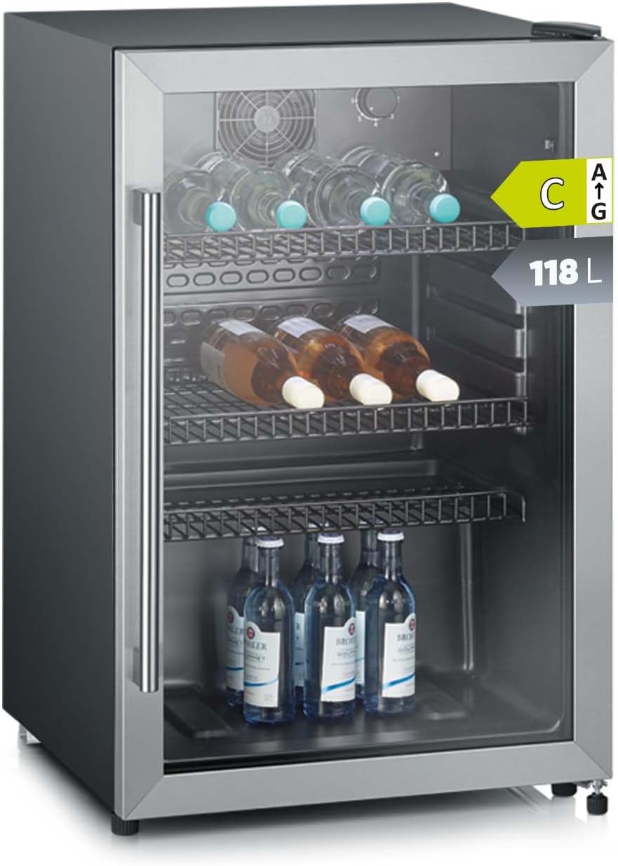 Severin Flaschenkühlschrank, 118 l Nutzinhalt, Schwarz, Silber, Mit integriertem Schloss und integrierter LED-Beleuchtung, FSK 8840