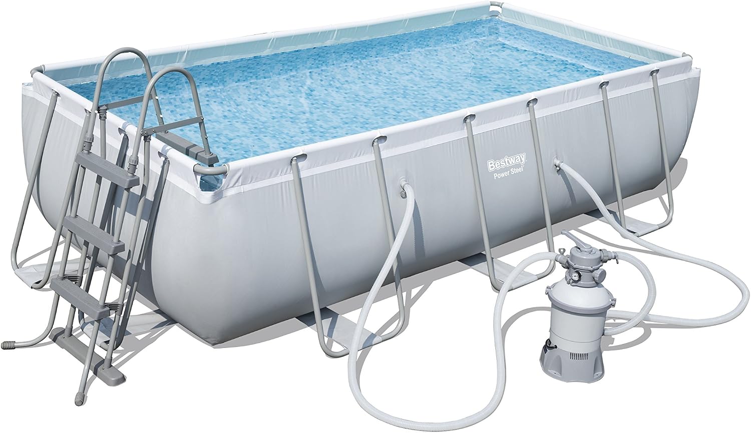 Bestway Frame Pool Power Steel, Set, 404 × 201 × 100 cm, Grau, Hellgrau, Rechteckig mit Sandfilterpumpe