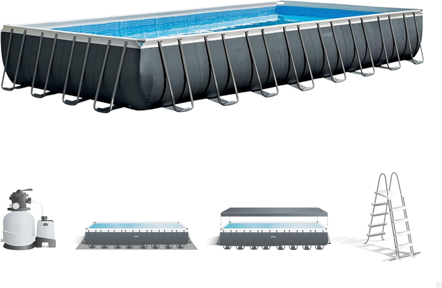 Intex 26374NP, Filterpumpe 10500 l/h, 54368 l, 975 × 488 × 132 cm, Grau, Aufstellpool Ultra XTR Frame Rechteckig, Bodenplane und Abdeckplane