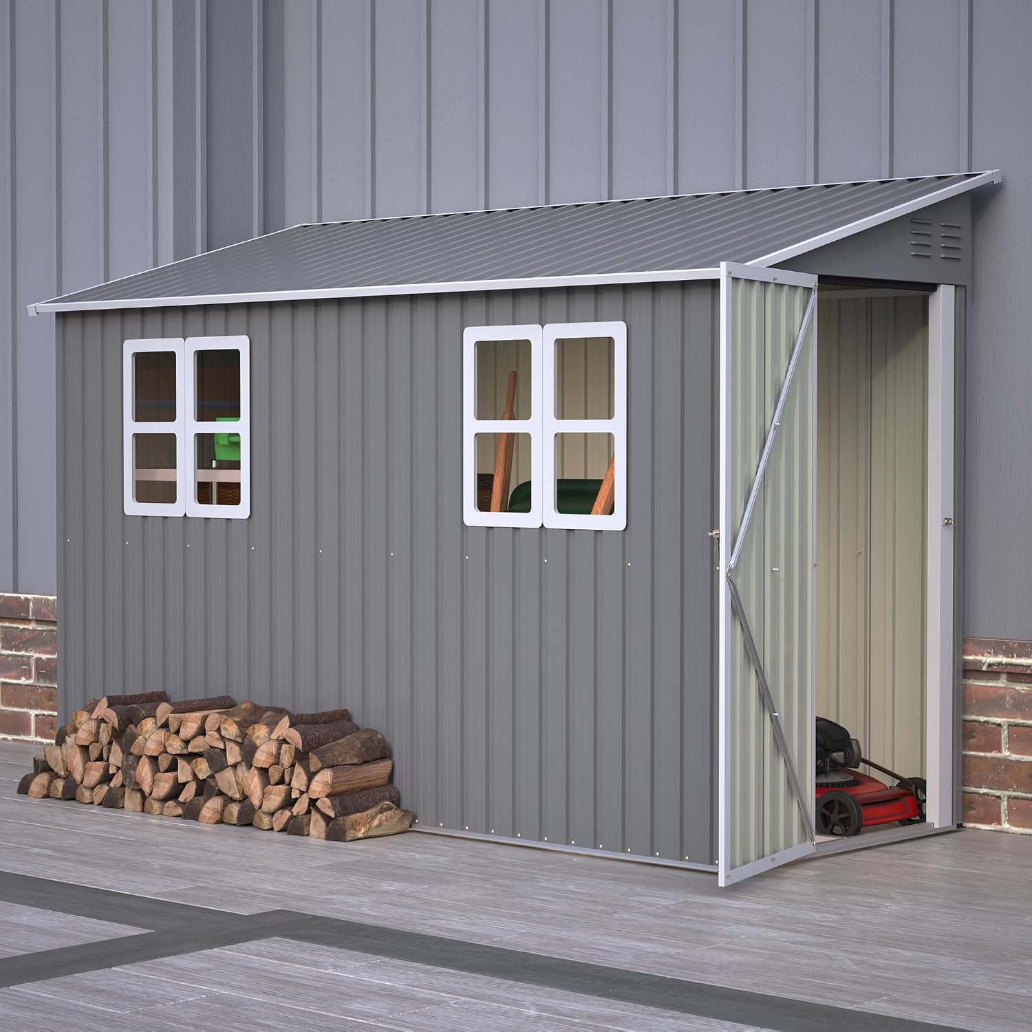 eisaro Geräteschuppen Metall 4 × 10 Fuß Anlehn-Design - Gerätehaus, abschließbarer Stahlschuppen als Fahrradgarage für 2–3 Fahrräder, Grau