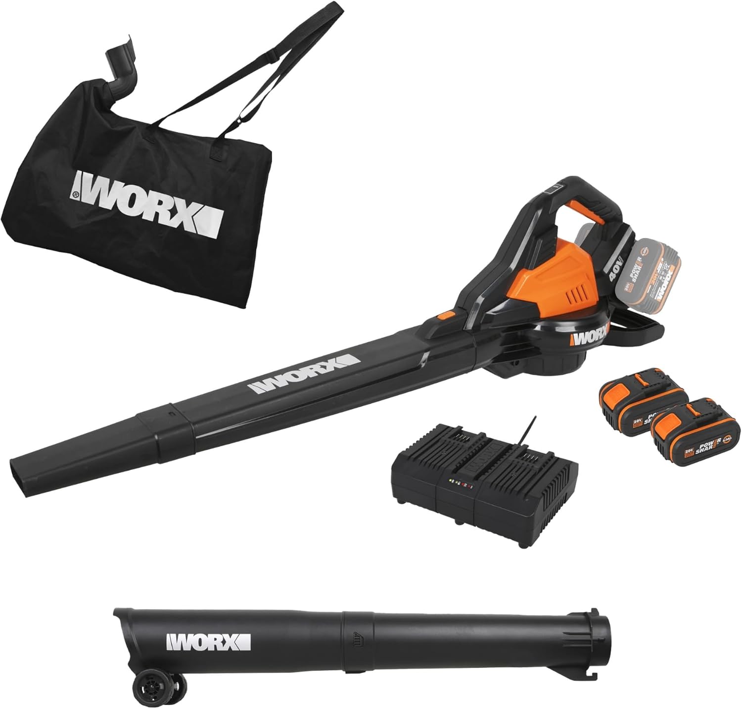 WORX WG583E Akku-Laubbläser/Laubsauger 40 V, Inkl. 2 × 4 Ah Akkus & Ladegerät, Luftgeschwindigkeit 335 km/h, Aufsaugen & Mulchen, Luftmenge 575 m3/h