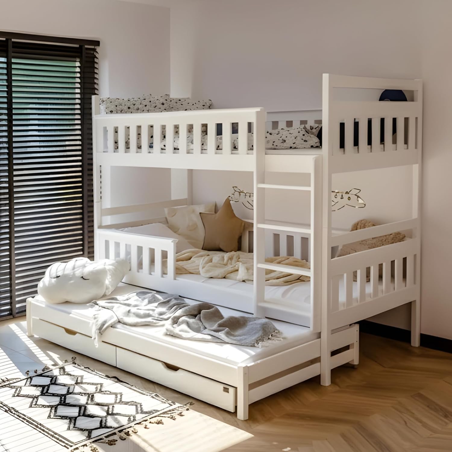 Kids Collective Hochbett 90 × 200 mit 3 Matratzen, Ausziehbett Etagenbett mit Ausziehfunktion, Zwei Schubladen, Lattenrost, Vollholz massiv, Weiß