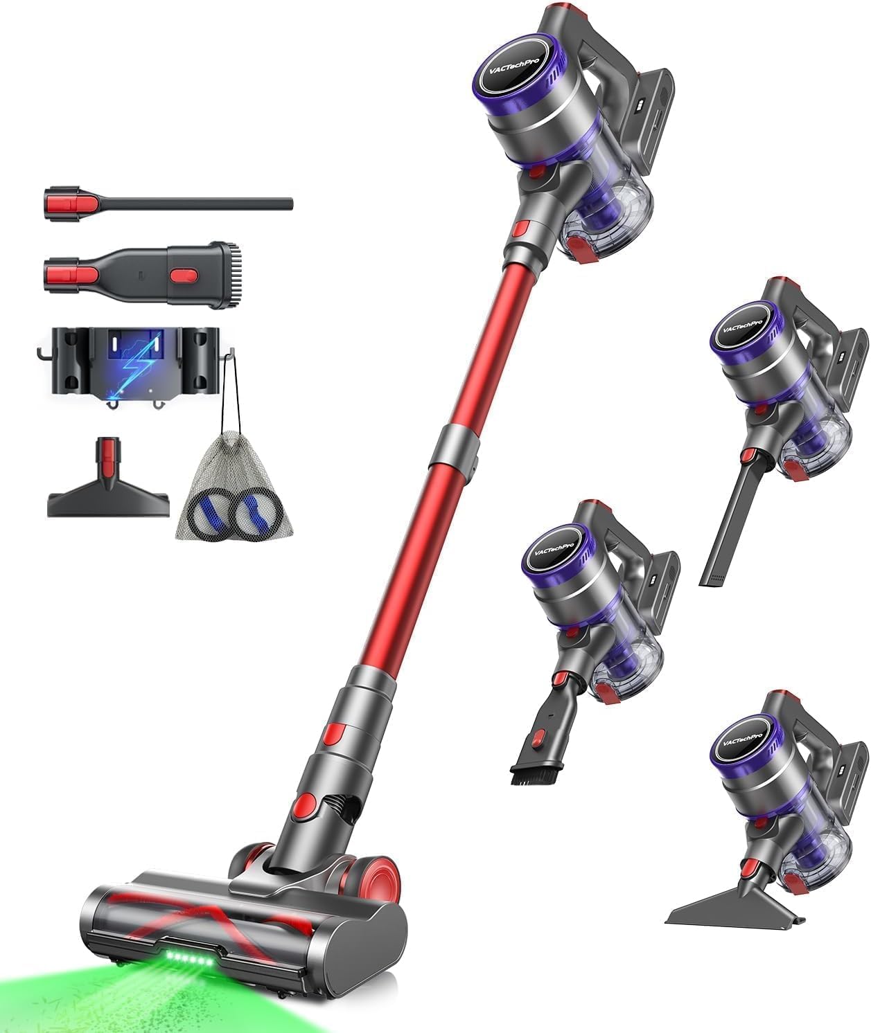 VACTechPro 55KPa/600 W Akku Staubsauger, Violett und Rot, Staubsauger Kabellos mit 1,6-Liter-Staubbehälter, 8-Schicht-Filterung, Super Leise