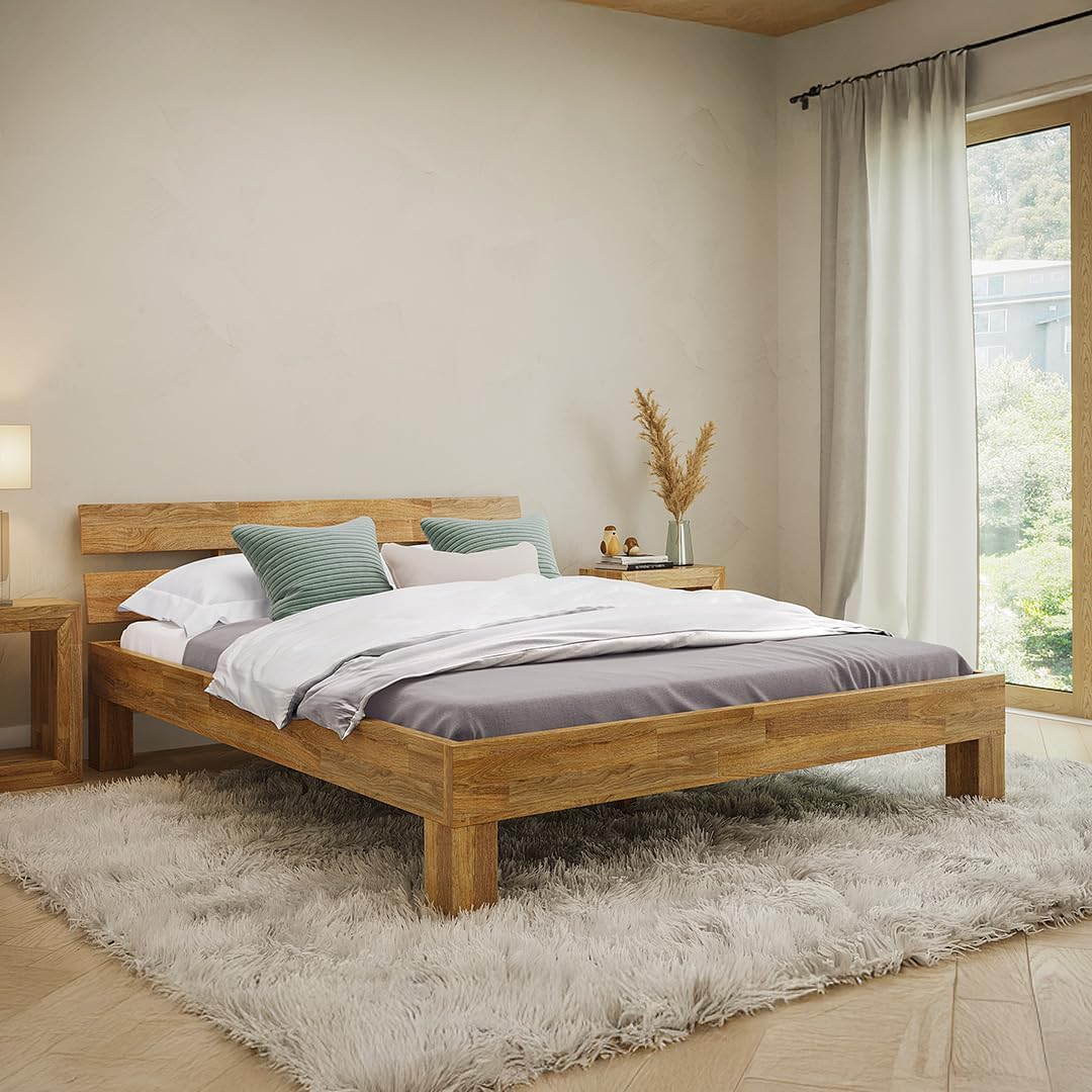 Skølm Floki Massivholzbett 160 × 200 cm aus Eiche, Bettgestell, Bettrahmen mit Bettkopf, Holzbett in Natur geölt, Bett geeignet als Doppelbett