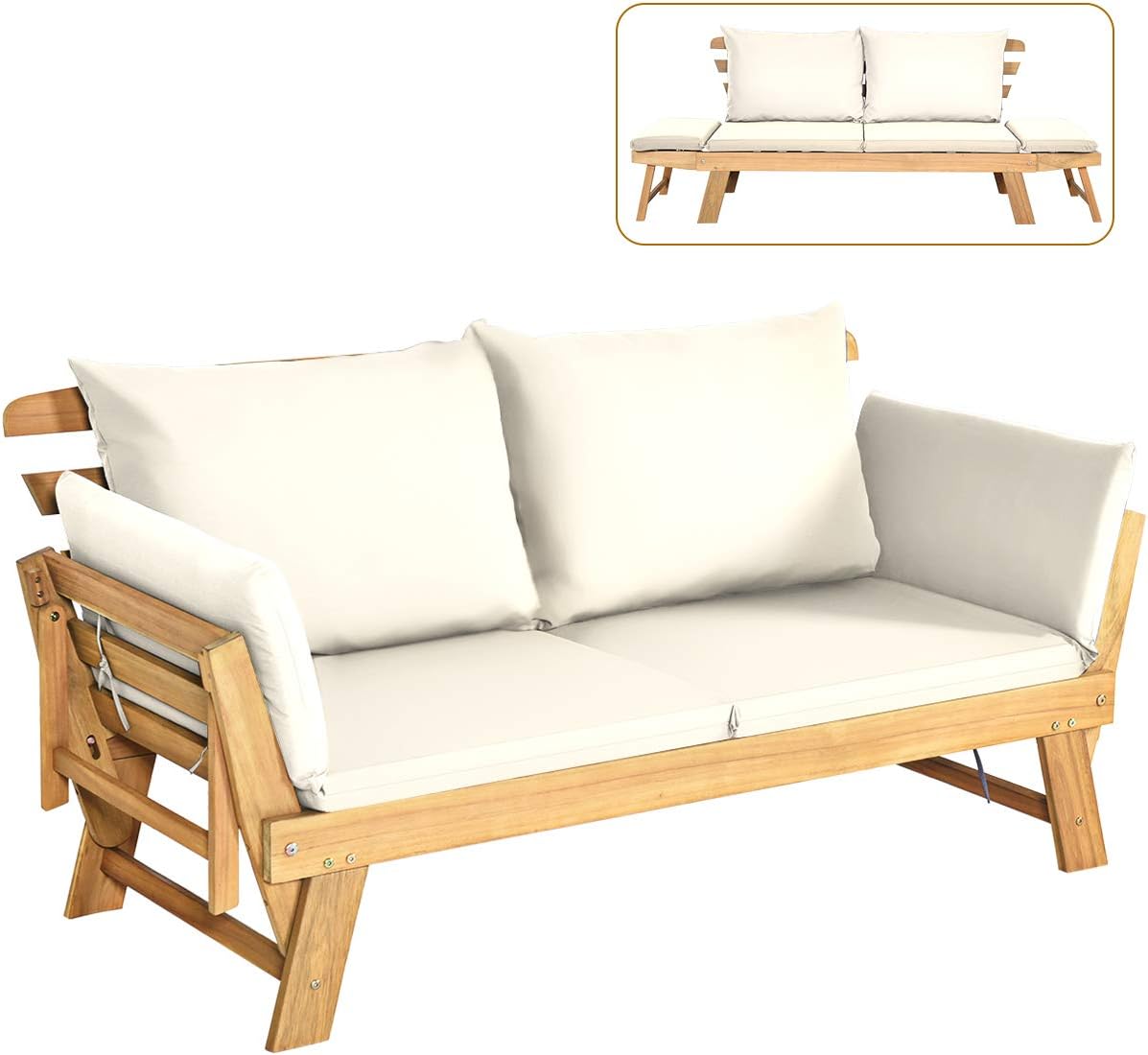 COSTWAY Gartenbank mit Liegefunktion, 198 × 75 × 75 cm, Gartensofa mit Auflagen und klappbaren Armlehne, Balkonbank aus Akazienholz, Balkonsofa
