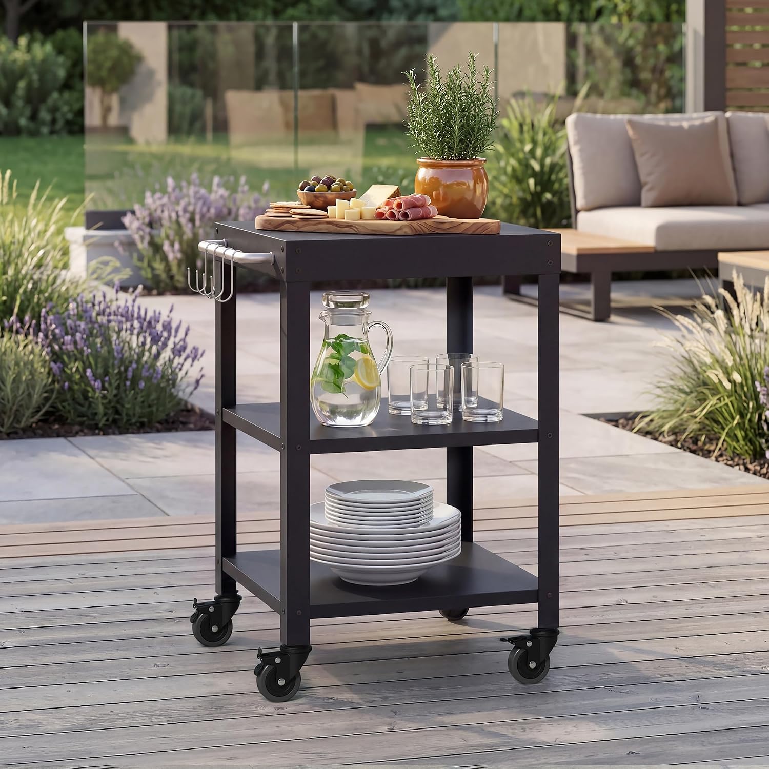 Casa.pro Outdoor Servierwagen Bolognano Garten Rollwagen Stahl 81 × 50 × 50 cm Grillwagen mit 4 Haken Rollen mit Feststellbremsen Schwarz matt