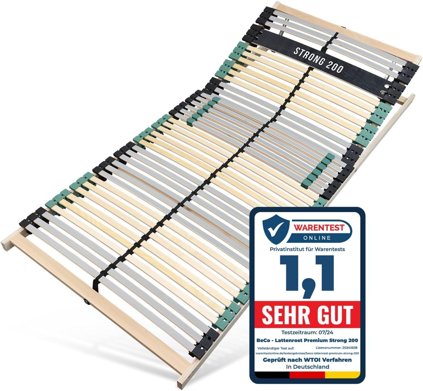 Sleepneo Lattenrost 100 × 200 Strong bis 200 Kg, 7-Zonen-Lattenrost mit 42 Latten, extra stabil aus Buchenholz, Kopfteil verstellbar