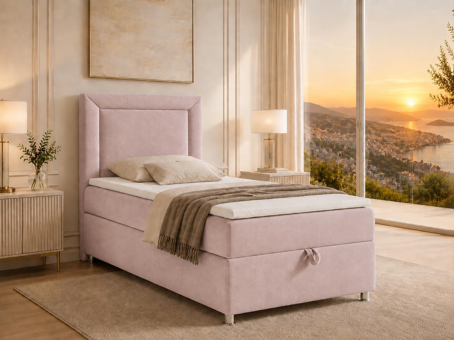 Best For Home Boxspringbett Trinity K3 EinzelBett , Boxspringbett 90 × 200 mit Bonell Federkernmatratze 90 × 200, Bett mit Matratze, Rosa