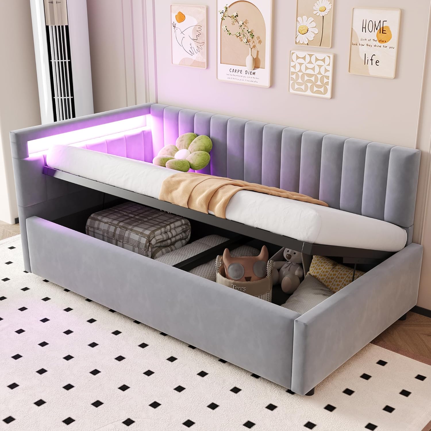 ANIROY Kinderbett Polsterbett 90 × 200 cm, Ohne Matratze, Schlafsofa Einzelbett mit LED und Hydraulischem Stauraum, Hellgrau