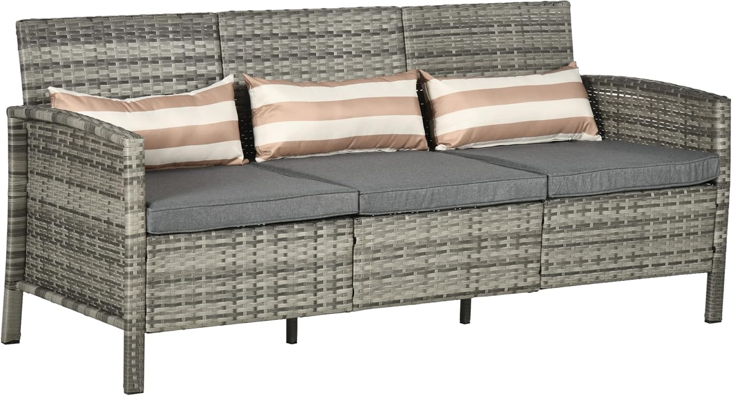 Outsunny Rattan Sofa mit Kissen, 173 × 68 × 78 cm, Grau, Garten Loungesofa, Stahl