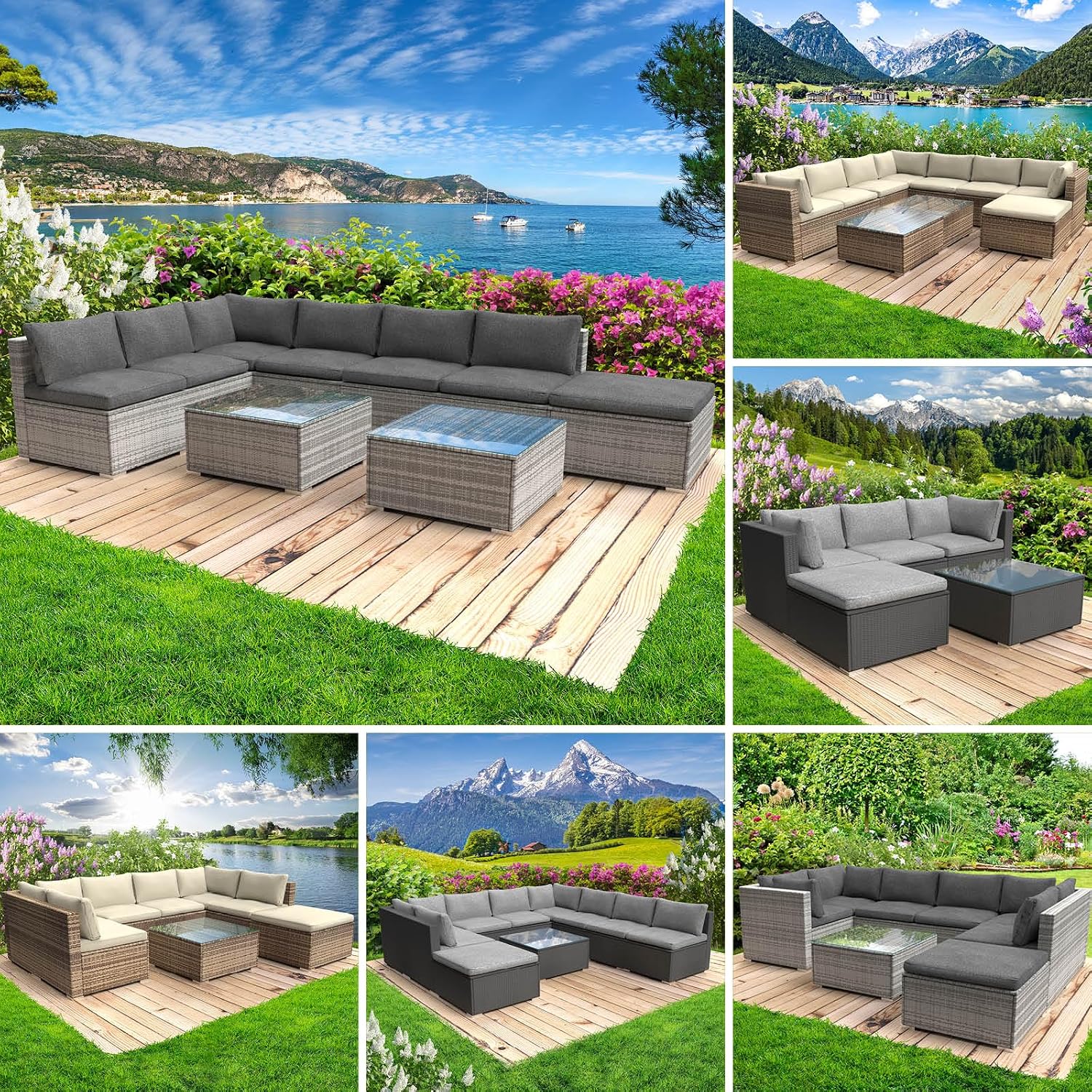 BRAST Gartenmöbel Lounge Set, Inkl. extra Dicke Kissen, Relax Grau, 6-7 Personen viele Modelle & Farben